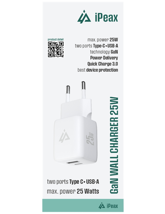 Kompaktní iPEAX GaN nabíječka 25W s USB-C PD/PPS a USB-A, bílá