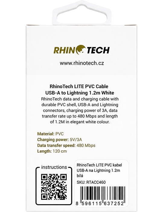RhinoTech kabel Lite PVC USB-A na Lightning 1,2m, bílá