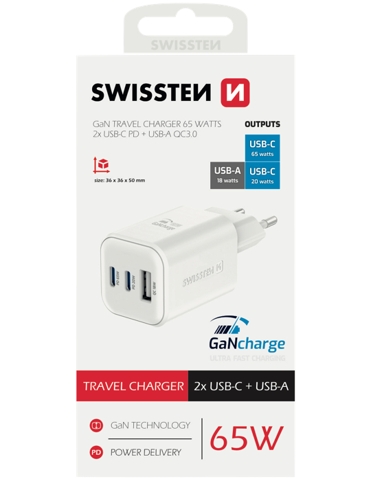 Nabíječka Swissten GaN 2x USB-C 65W USB-A 18W bílá, bílá