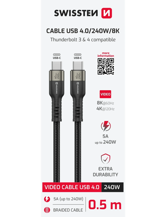 SWISSTEN Datový video kabel USB 4.0, USB-C, 240 W 0,5m, černá