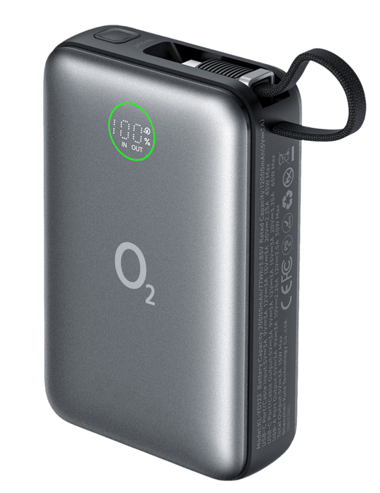 O2 powerbanka 20 000 mAh 65W s vestavěným kabelem, šedá