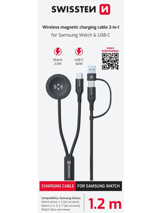 Magnetický kabel Swissten 2v1 pro Samsung Galaxy Watch USB-A/USB-C, černá