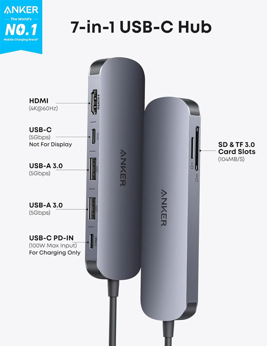 Dokovací stanice Anker 7v1 Nano 100W 2x USB-C, 2x USB, 1x HDMI, SD/MicroSD Slot, šedá