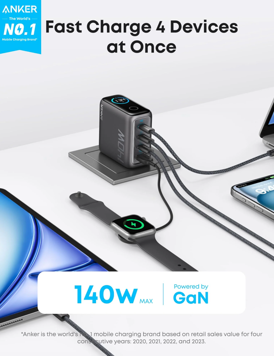 Nabíječka do sítě Anker 140W, 3xUSB-C, 1xUSB, šedá