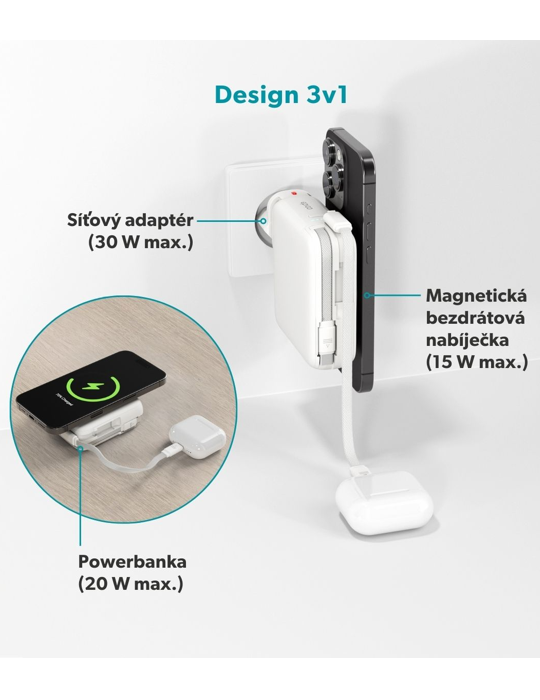 Cestovní powerbanka a síťový adaptér Epico UltraPack 3in1 10000mAh Mag+, bílá