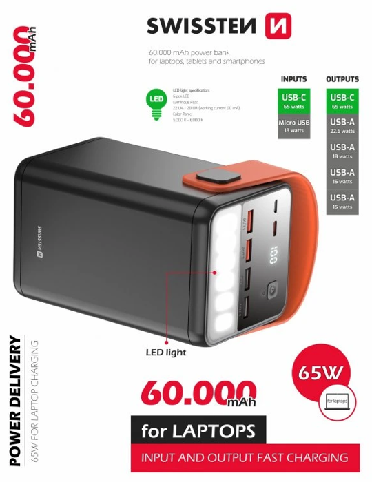 SWISSTEN POWER LINE powerbanka, 60 000 mAh, 65W, Power Delivery, černá