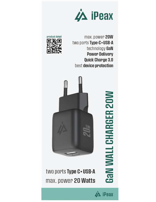 Kompaktní iPEAX GaN nabíječka 20W s USB-C PD/PPS a USB-A, černá