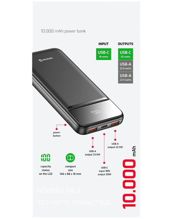 Powerbanka Swissten Power Line II 10 000 mAh, šedá