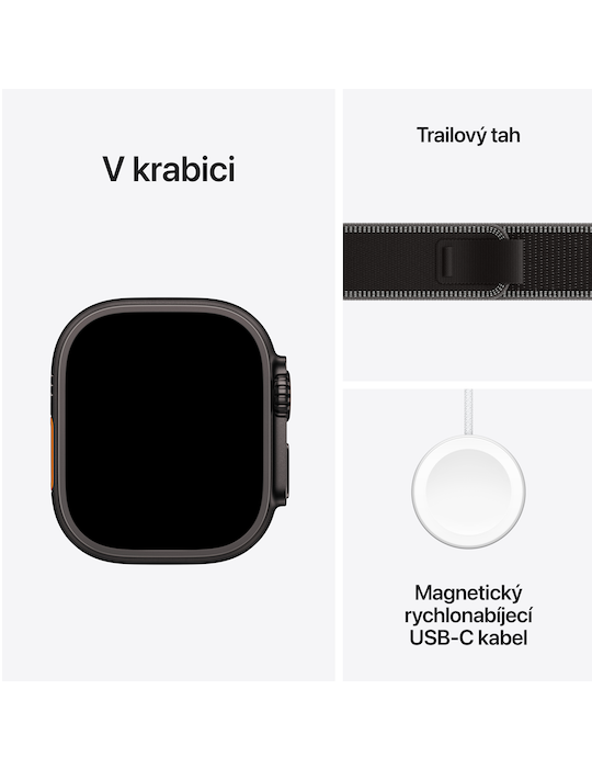 Apple Watch Ultra 3 GPS + Cellular 49mm černě titanové pouzdro s černě uhlovým Trailovým tahem S/M, černý titan