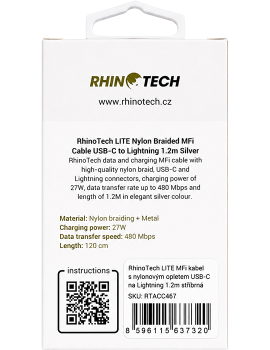 RhinoTech kabel Nylon Braided MFi USB-C na Lightning 1,2m, stříbrná