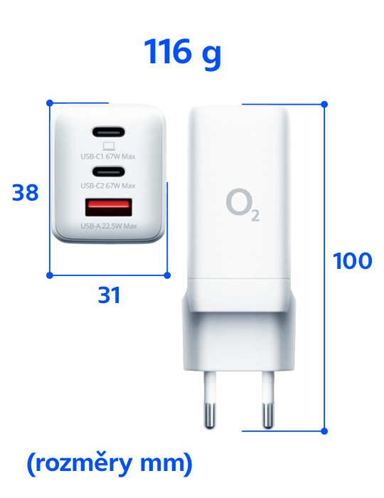 Nabíječka O2 2xUSB-C + USB-A 67W Power Delivery + technologie GaN ECO, bílá