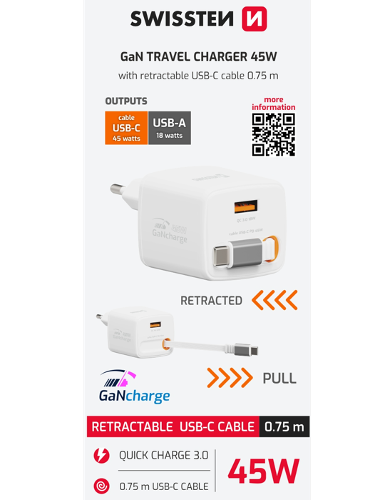 Nabíječka Swissten GaN 45W USB-A bílá, bílá