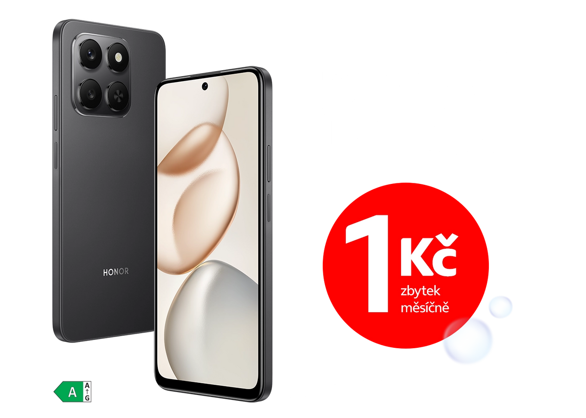 Mobilní telefon Honor s displejem a zadní stranou, akční banner s nabídkou 1 Kč zbytek měsíčně