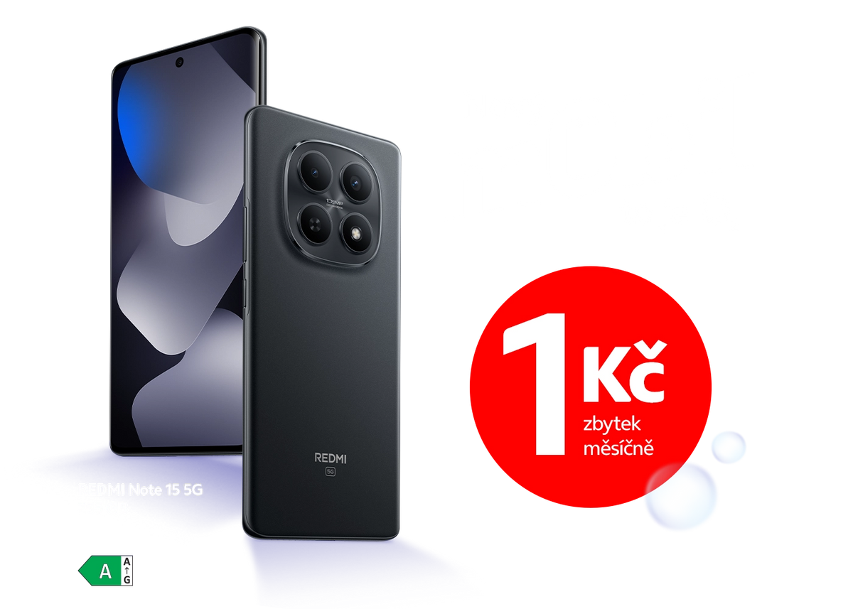 Xiaomi Redmi Note 15 s displejem a zadní stranou, akční banner s nabídkou 1 Kč zbytek měsíčně