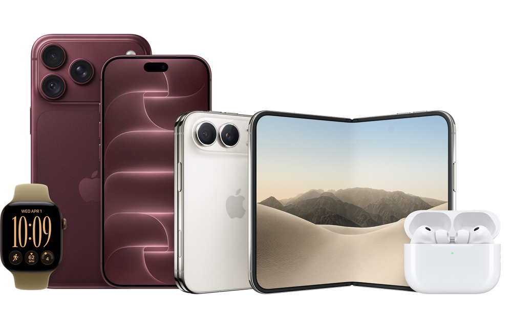 Kolekce zařízení Apple v tmavě vínovém provedení: iPhone, skládací iPad, Apple Watch a AirPods s nabíjecím pouzdrem.