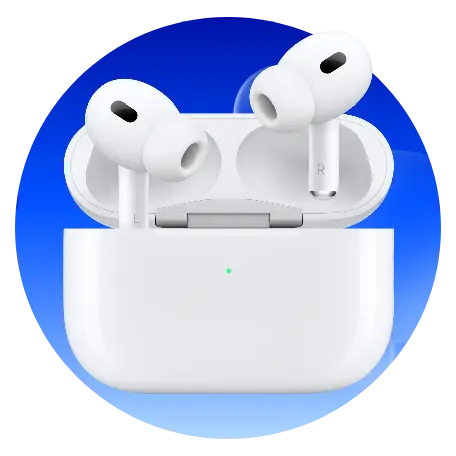 Bílá bezdrátová sluchátka Apple AirPods Pro s nabíjecím pouzdrem na modrém pozadí.