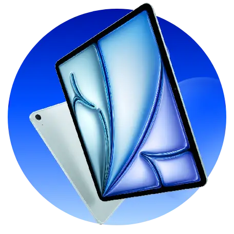Tablet Apple iPad s velkým displejem s modrým motivem na modrém pozadí.