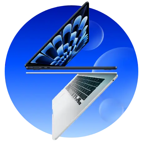Mac laptop velkým displejem s modrým motivem na modrém pozadí.